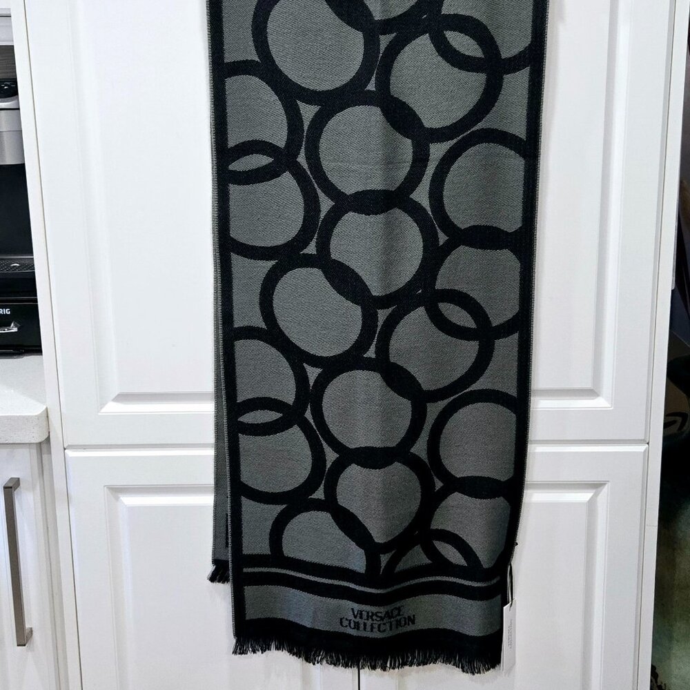Versace Collection Fringed Wool Blend Intarsia-Knit Logo Scarf